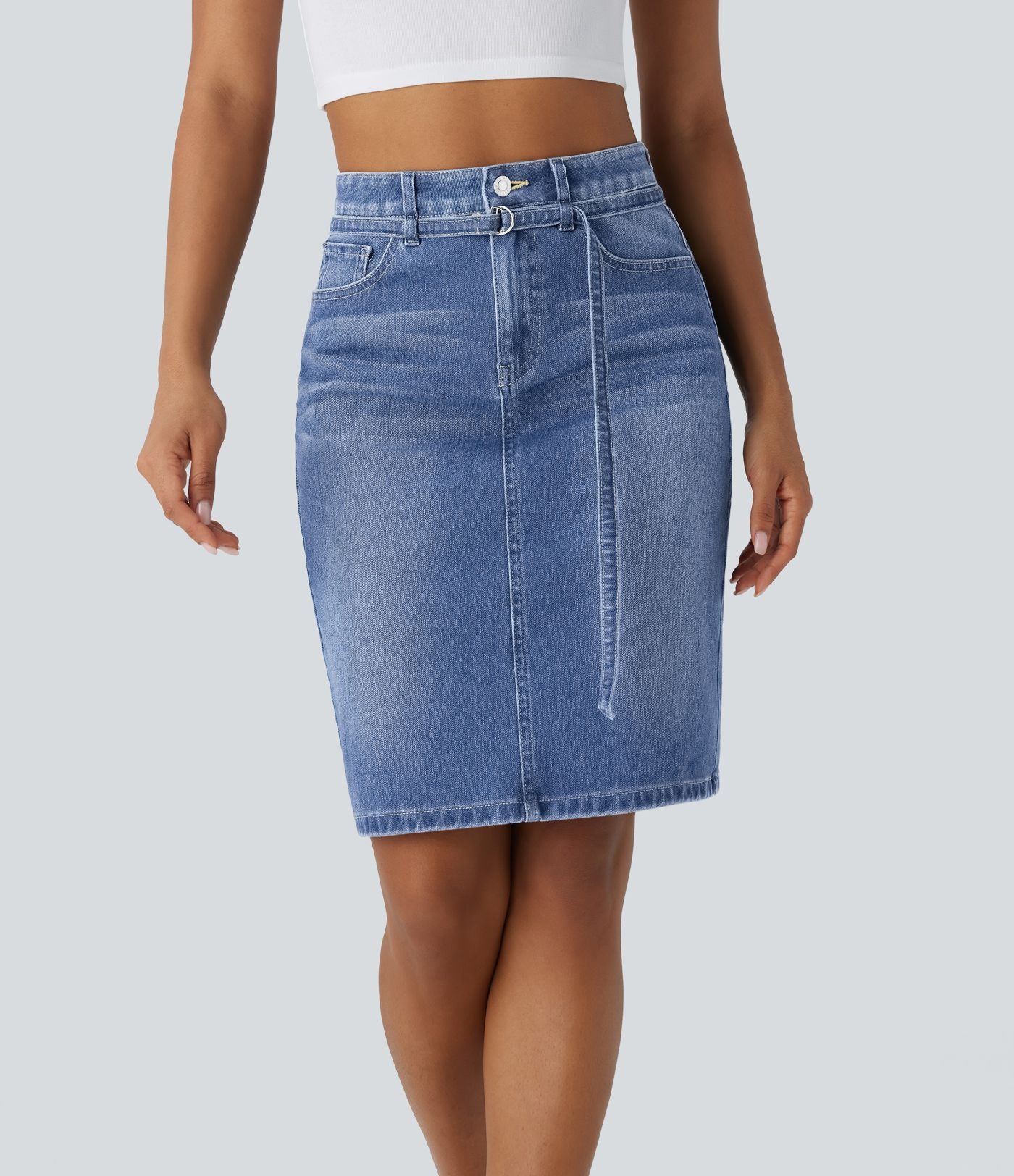 Jupe en Jean midi décontractée extensible délavée à taille moyenne avec boutons, fermeture éclair, poches multiples et fente