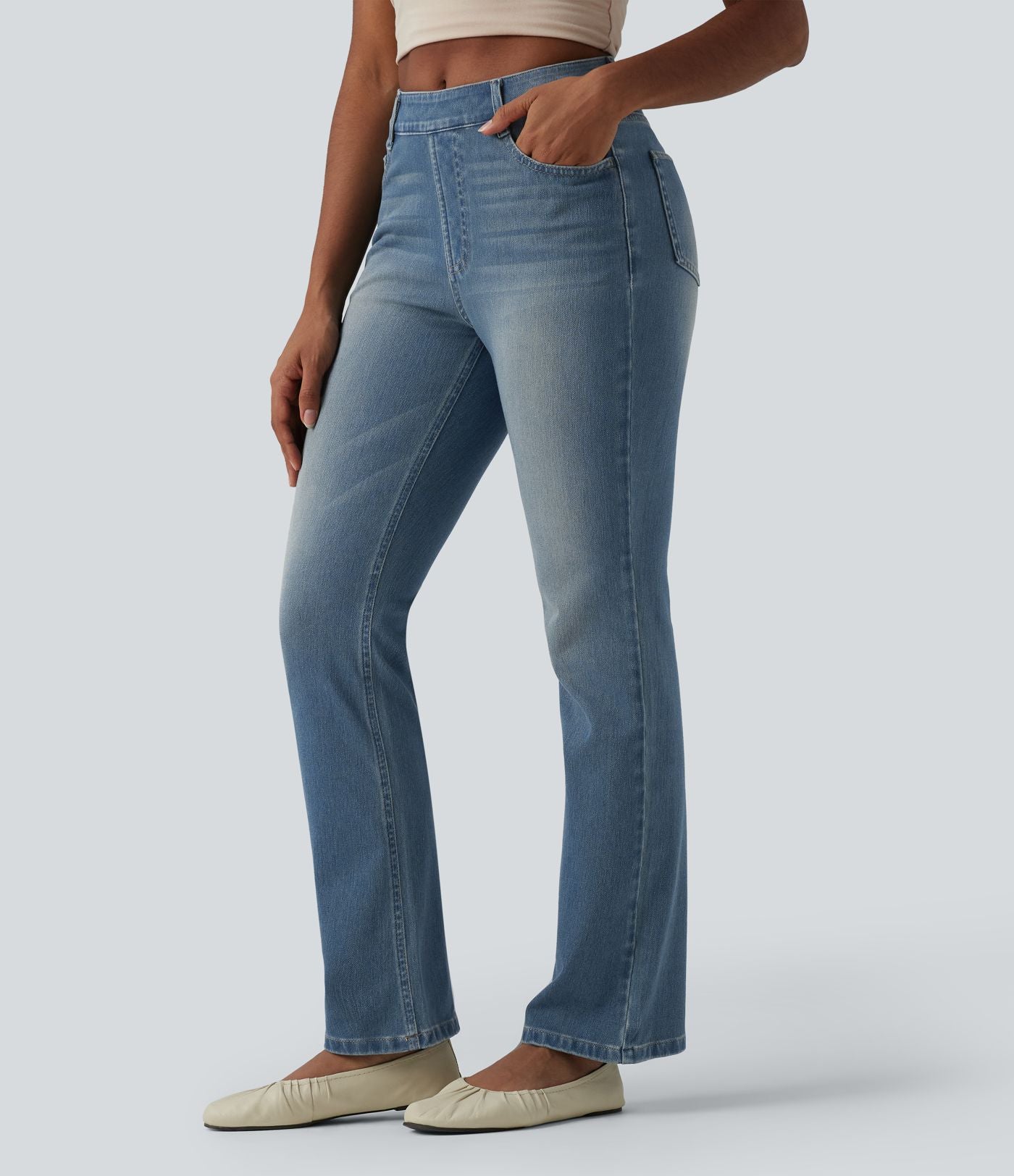 Halara Flex™ Jeans bootcut Casual Taille Haute Multiples Poches Lavés Élastiques et Tricotés Coupe