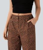 Pantalon décontracté en coton à jambe droite, taille moyenne, imprimé léopard avec poches