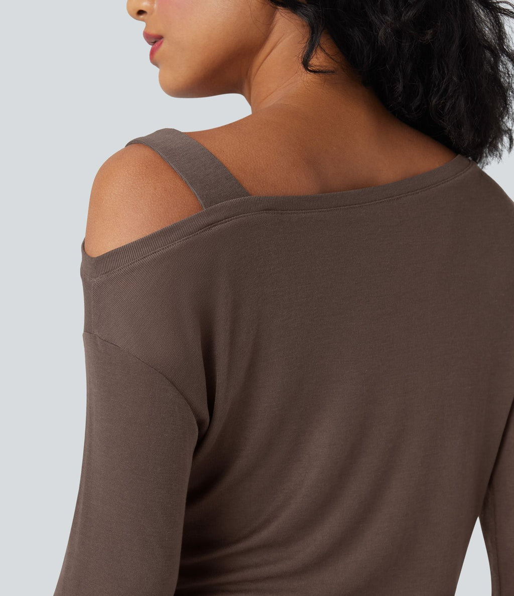 T-shirt décontracté asymétrique en mélange de laine à une épaule et manches longues