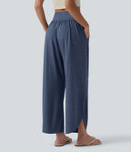 Pantalon décontracté taille haute gainant avec ourlet arrondi et poches