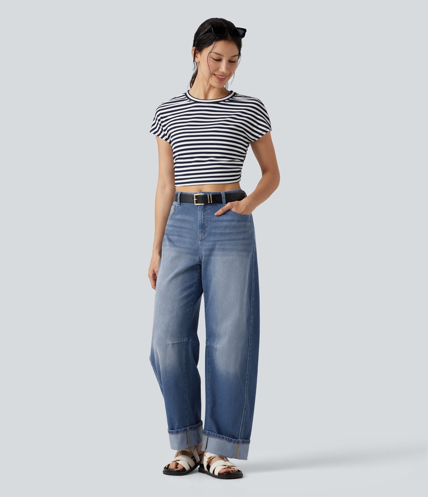 Jean barrel leg Halara Flex™ taille mi-haute, à revers avec poches