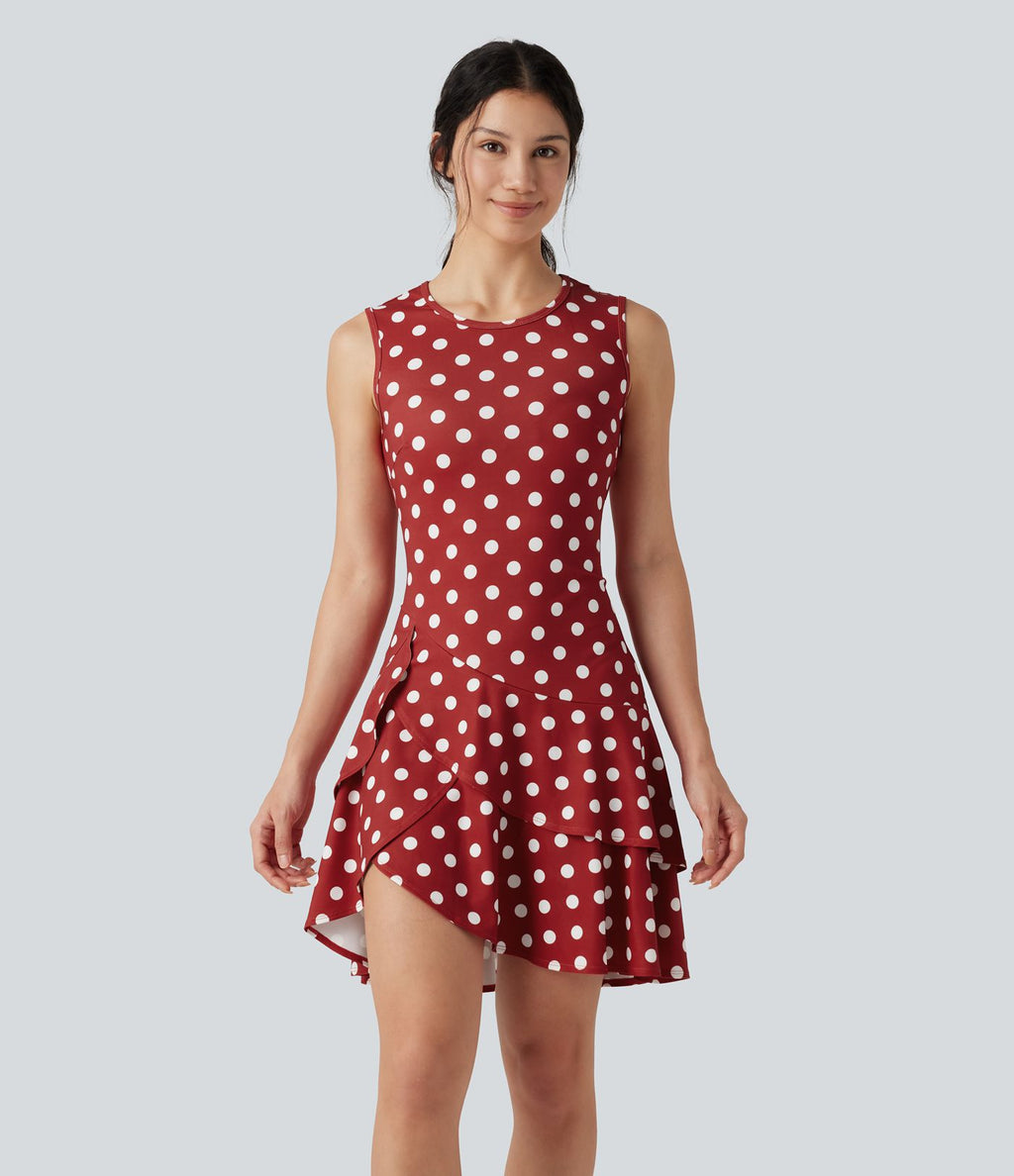 Robe mini casual à pois col rond sans manches ourlet à volants superposés
