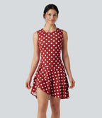 Robe mini casual à pois col rond sans manches ourlet à volants superposés
