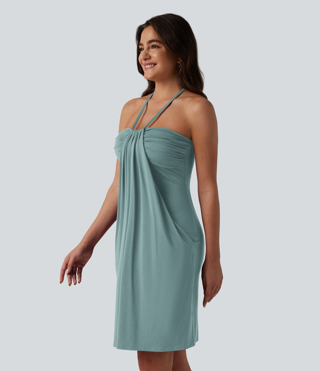 Robe mini dos nu à bretelles, brassière intégrée et poches