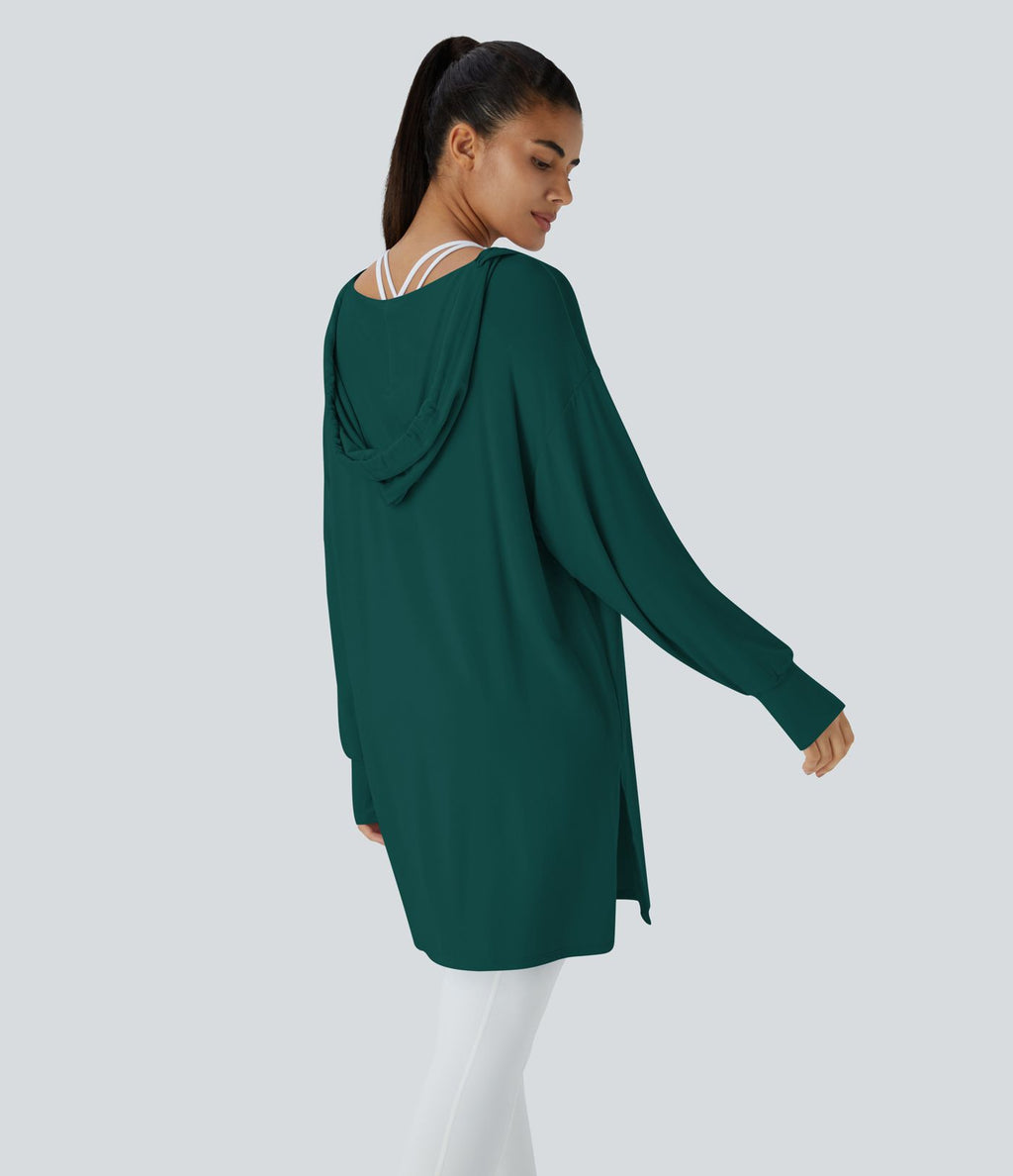 Sweatshirt Casual à Capuche Encolure en V Cordon de Serrage Trou pour le Pouce Fente et Coupe Longue