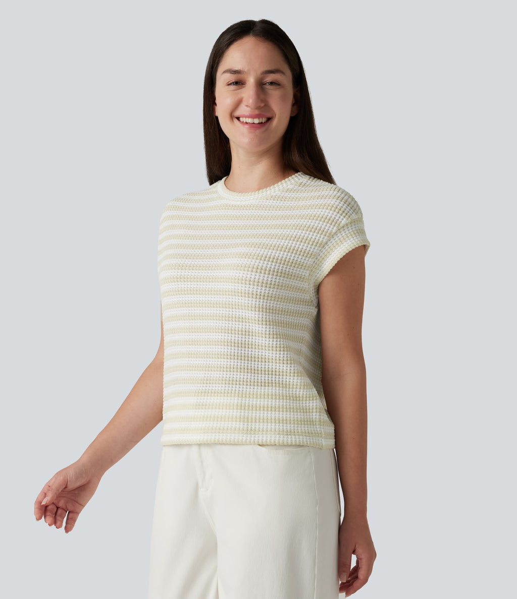 T-shirt casual col rond manches courtes rayé en maille