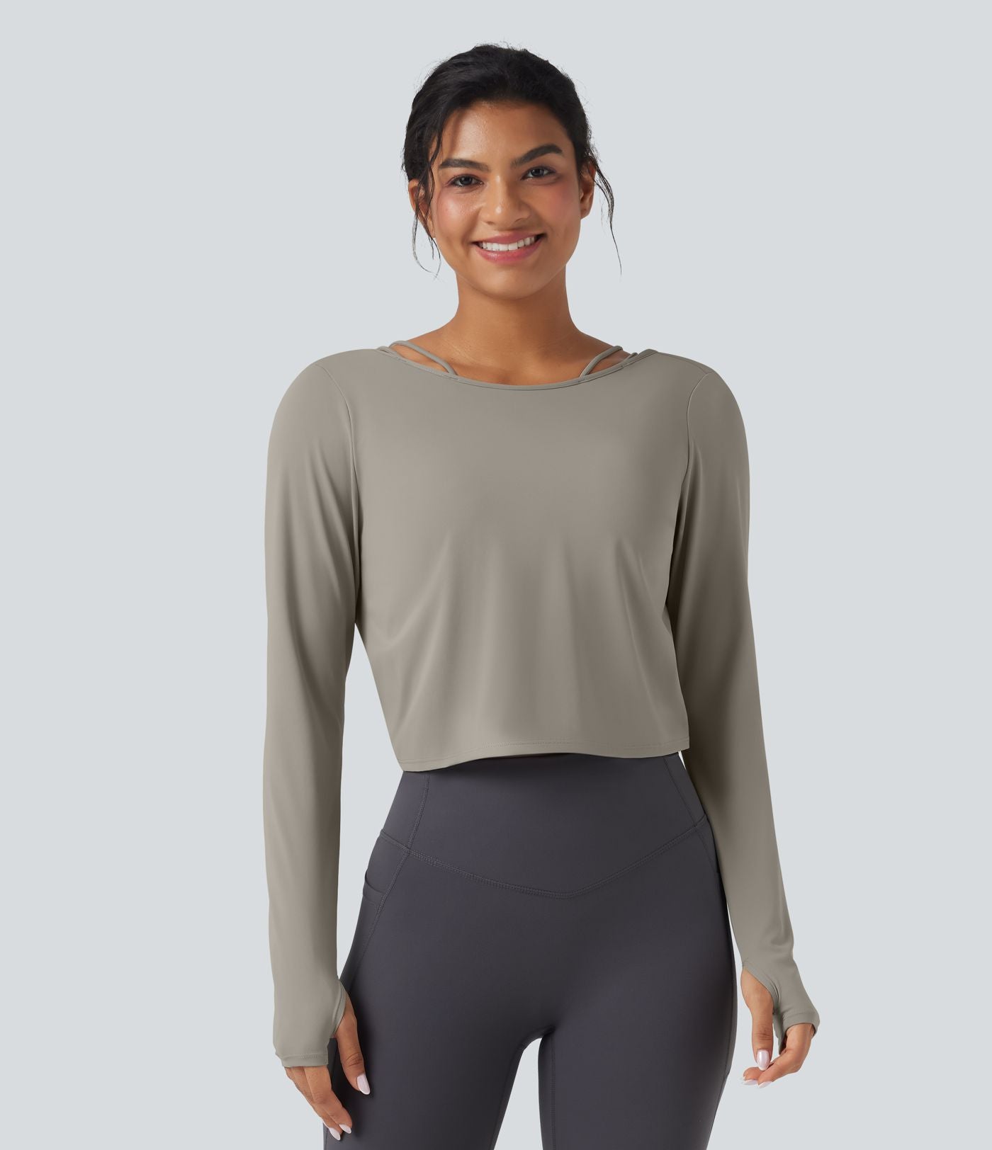 Top de sport yoga SoftlyZero™ QuickDry 2-en-1 dos nu torsadé manches longues avec trous pouces