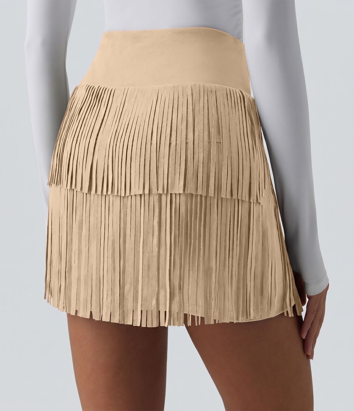 Jupe mini de soirée ajustée effet daim taille haute croisée 2-en-1 à franges
