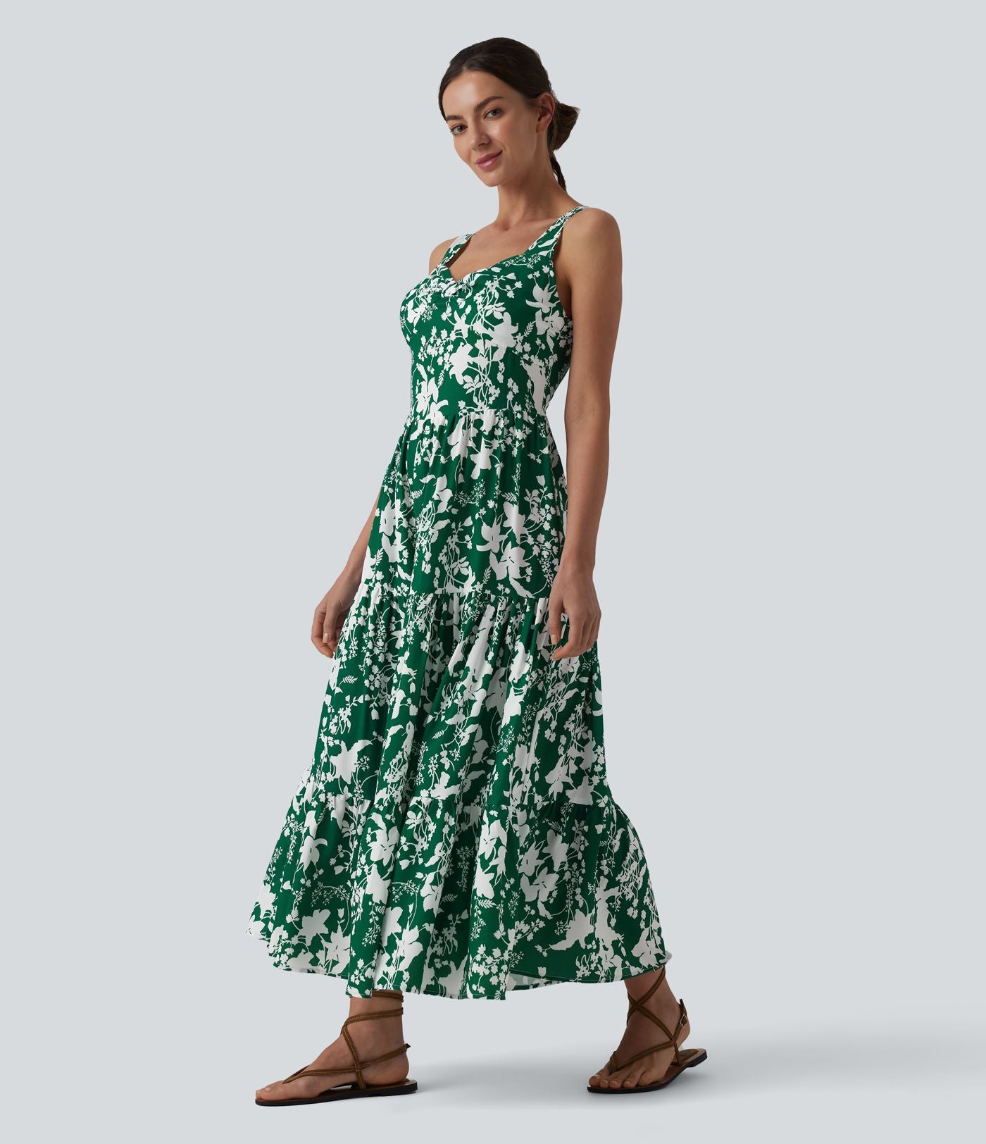 Robe longue resort décolleté cœur sans manches imprimé floral avec laçage