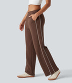 Pantalon jogging coton coupe droite taille mi-haute color block avec cordon de serrage et poches