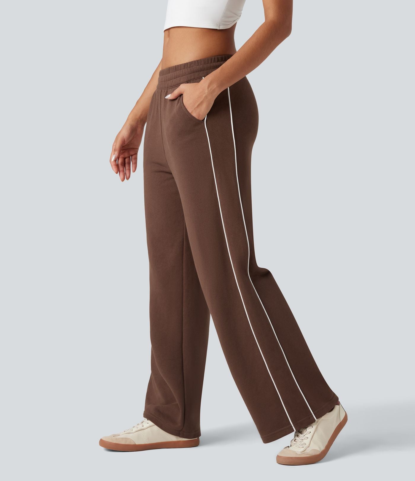 Pantalon jogging coton coupe droite taille mi-haute color block avec cordon de serrage et poches