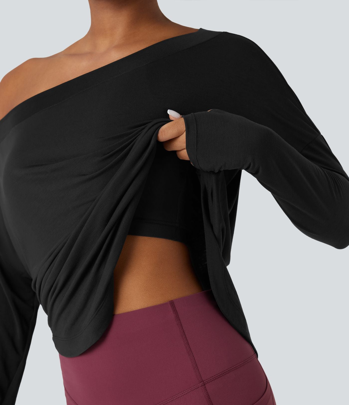 Top de sport yoga une épaule séchage rapide ourlet arrondi asymétrique manches longues avec trous pouces - Brassière intégrée