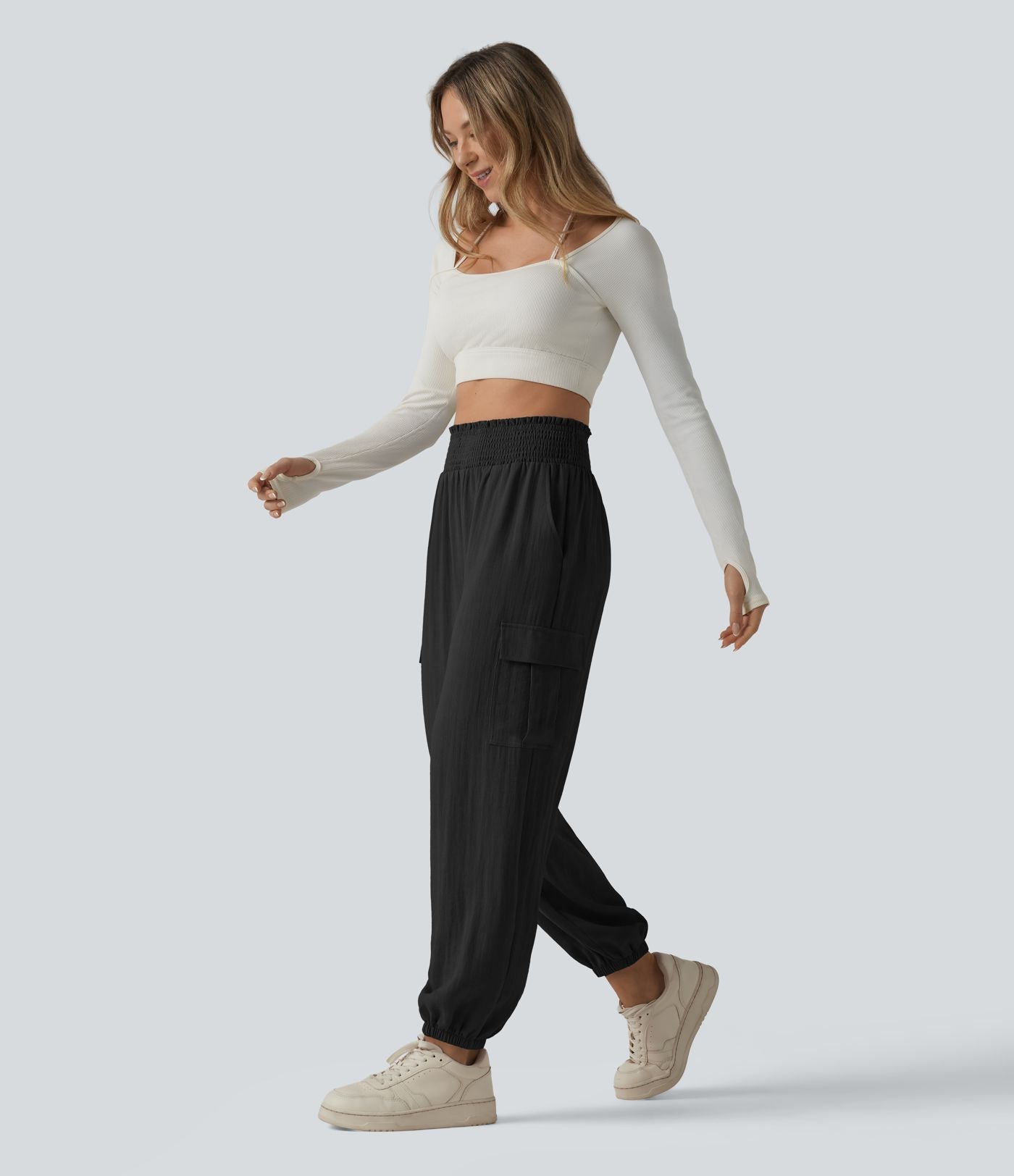 Pantalon cargo décontracté taille haute froncé, aspect lin, avec poches