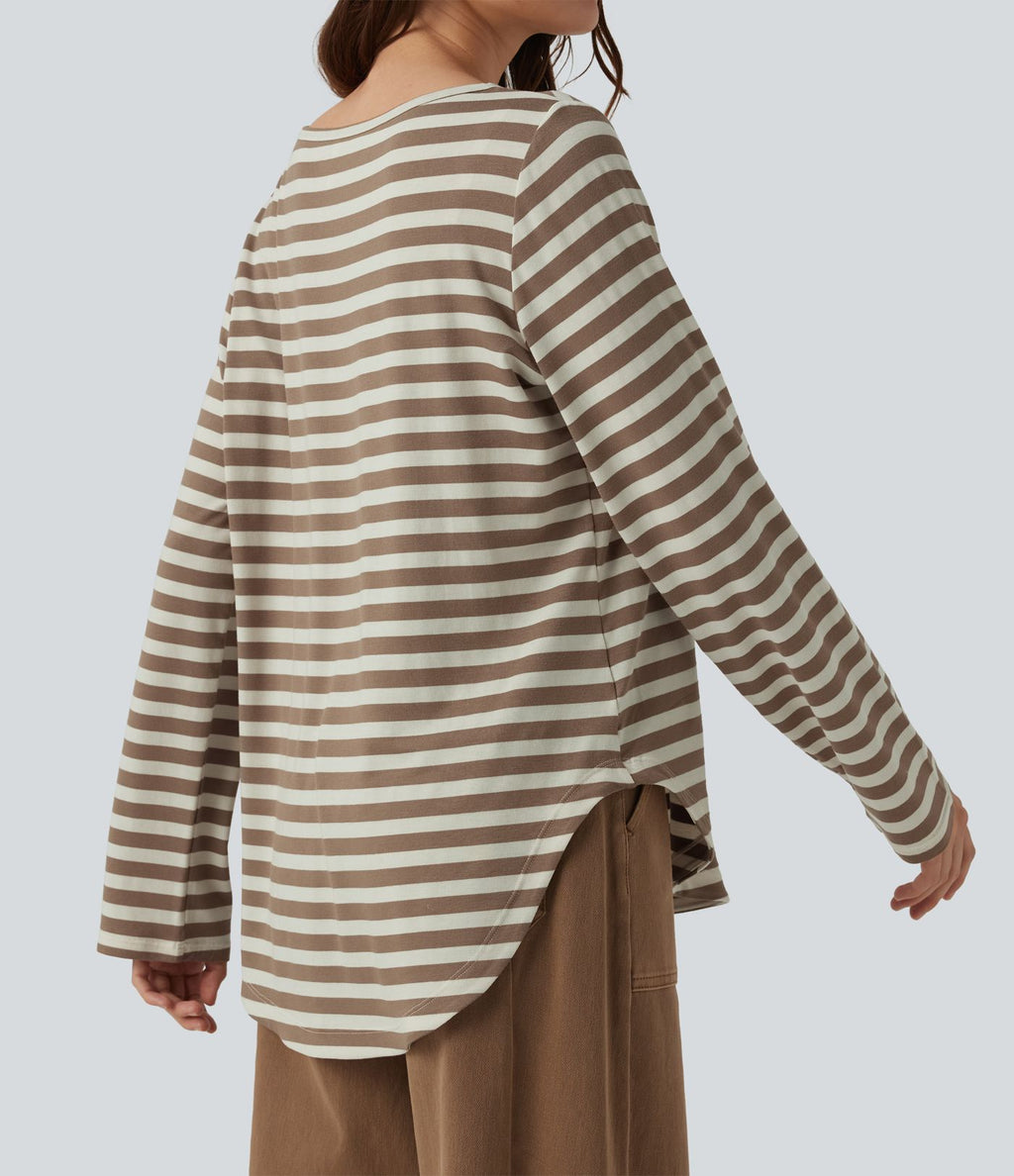T-shirt casual rayé à col bateau, manches longues et ourlet arrondi