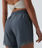 Short de yoga 2-en-1 fluide maille contrastante taille mi-haute 17,5 cm avec cordon de serrage