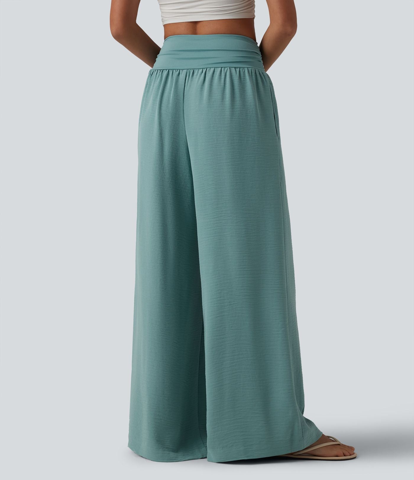 Pantalon ample taille haute ventre plat aspect lin avec fronces et poches