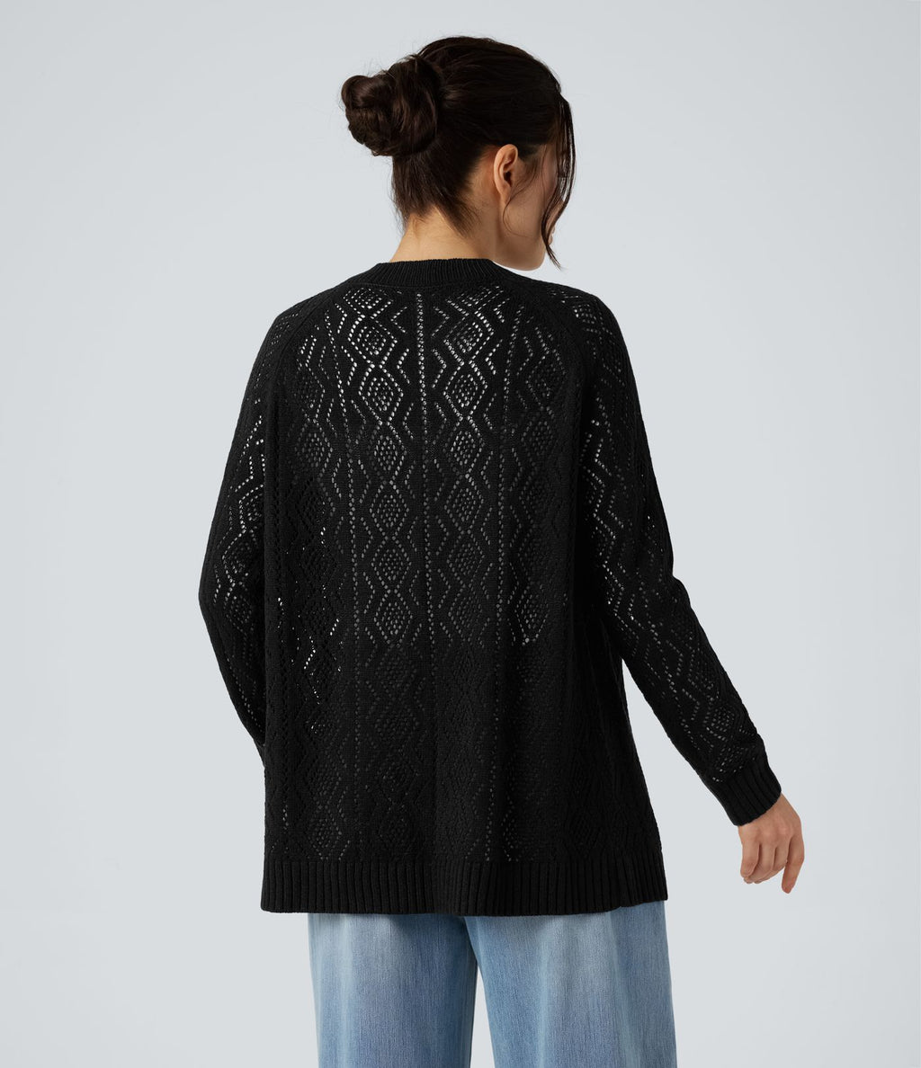 Cardigan ajouré col rond manches longues avec boutons