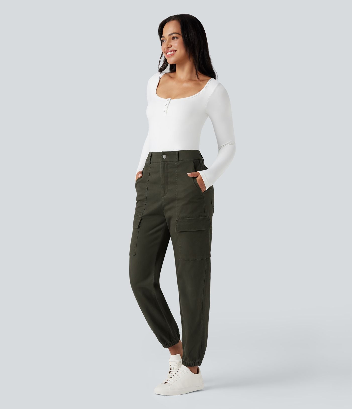 Jogging cargo chino coton taille haute avec poches