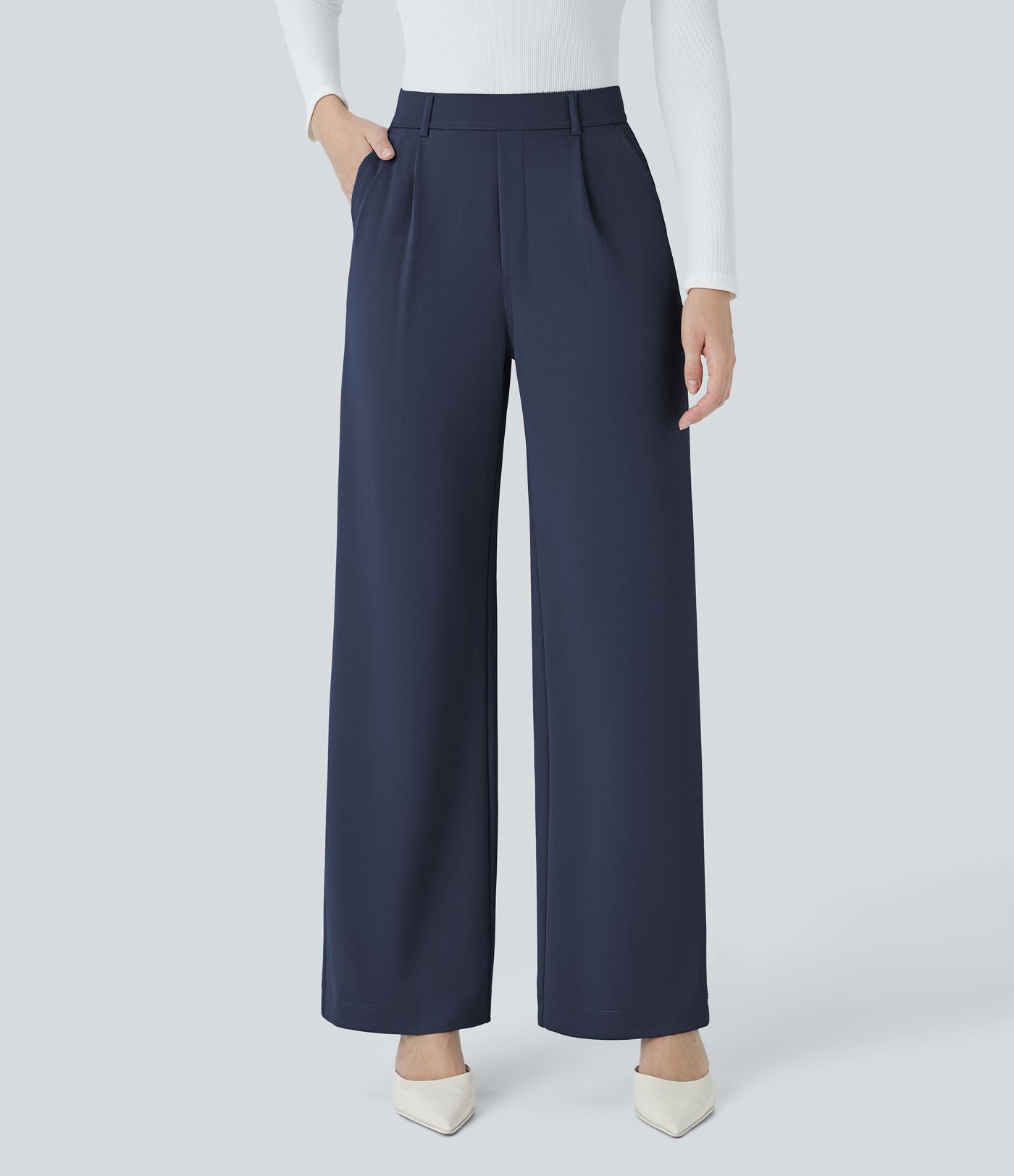 Halara Flex™ Pantalon Tailleur Droit à Taille Haute avec Pli Poches Latérales en Crêpe
