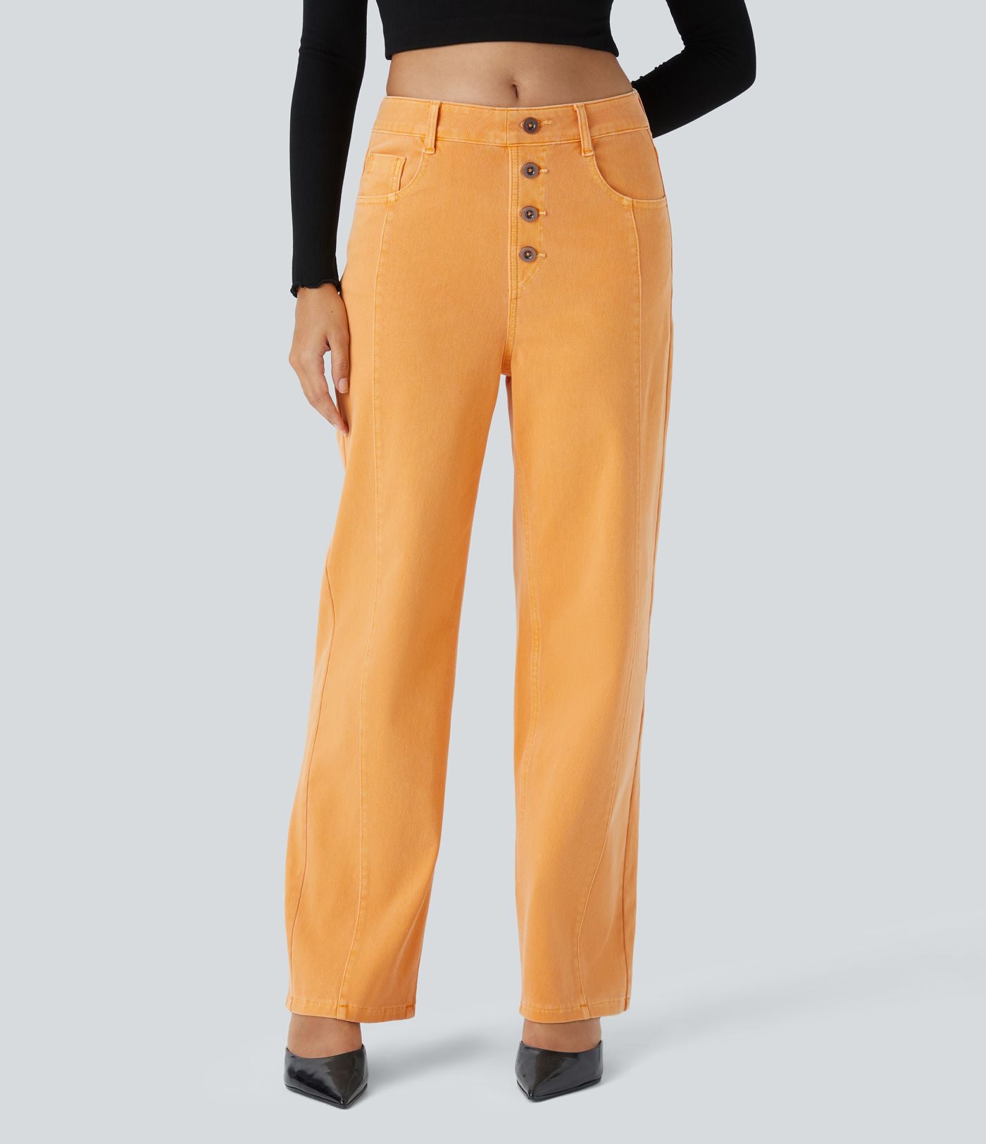 Halara Flex™ Jean Droit Casual Taille Haute avec Boutons Décoratifs et Multiples Poches Élastiques et Tricotés
