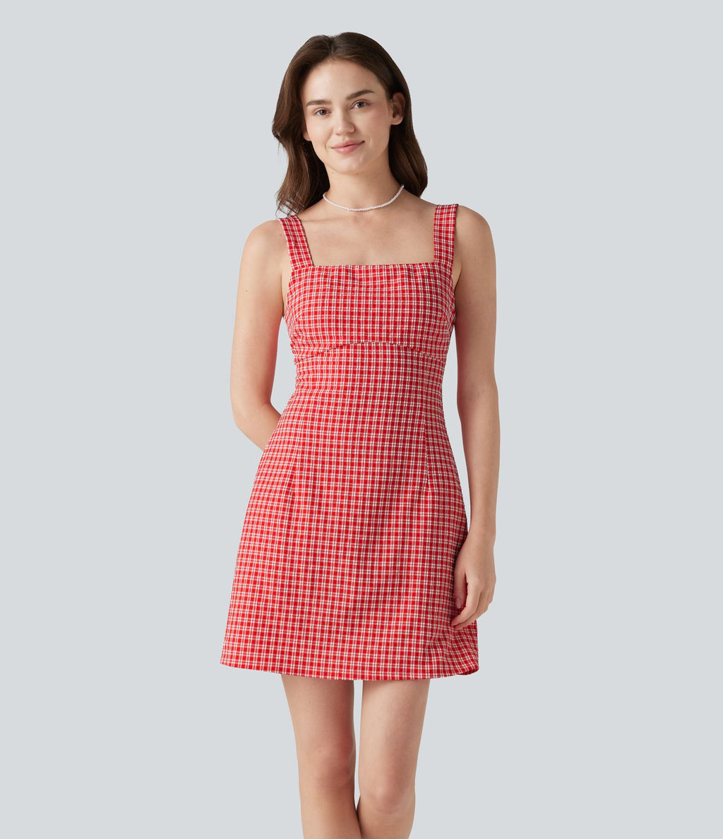 Robe mini vichy à col carré avec lien à nouer au dos et poches