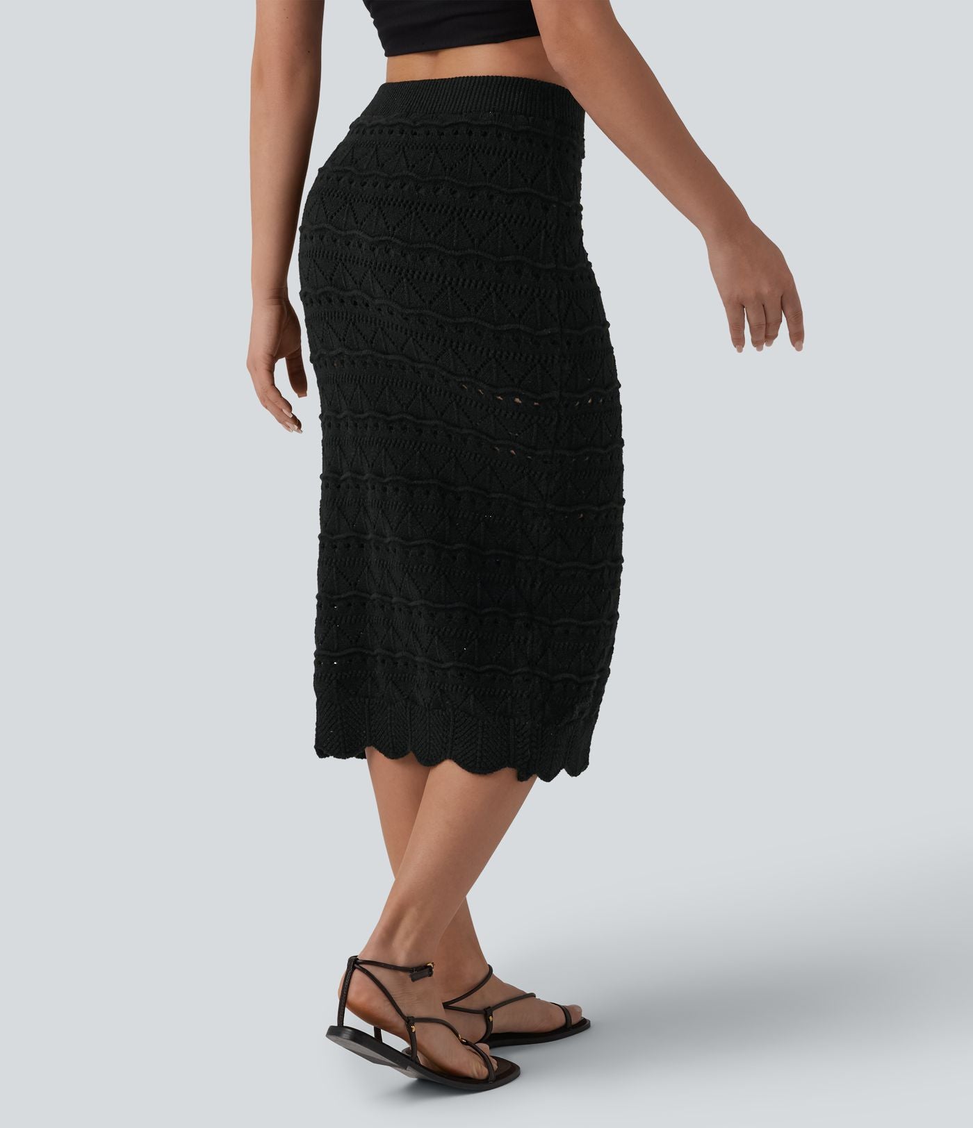 Jupe mi-longue maille ajourée 2-en-1 taille haute avec poches