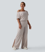 Combinaison casual asymétrique manches courtes avec poches et fente - Easy Peasy