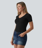 Halara T-shirt décontracté en jersey de coton, col V, manches courtes, brassière intégrée, bonnets B-DD