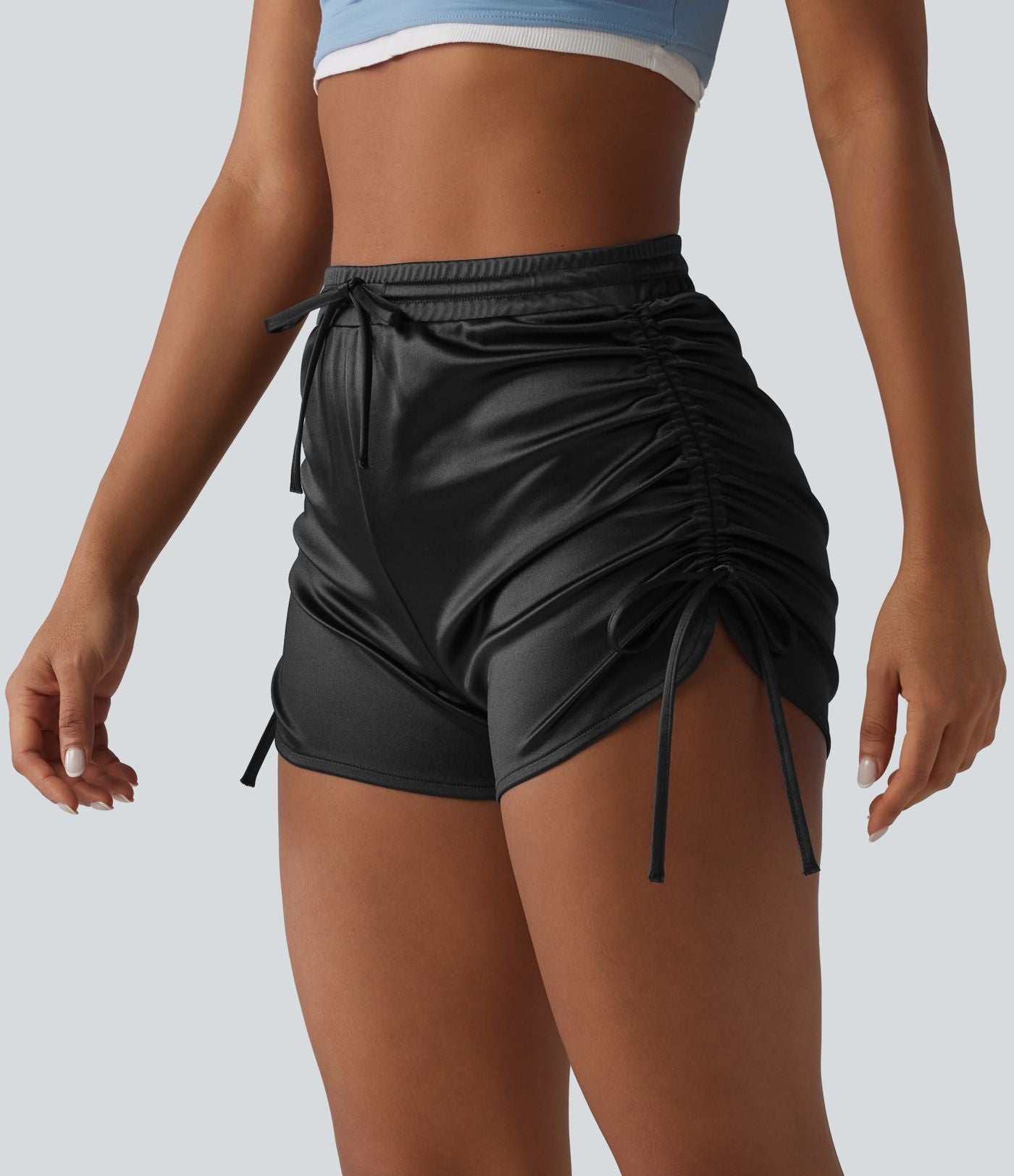 Short décontracté satiné taille haute avec cordon de serrage froncé et poche