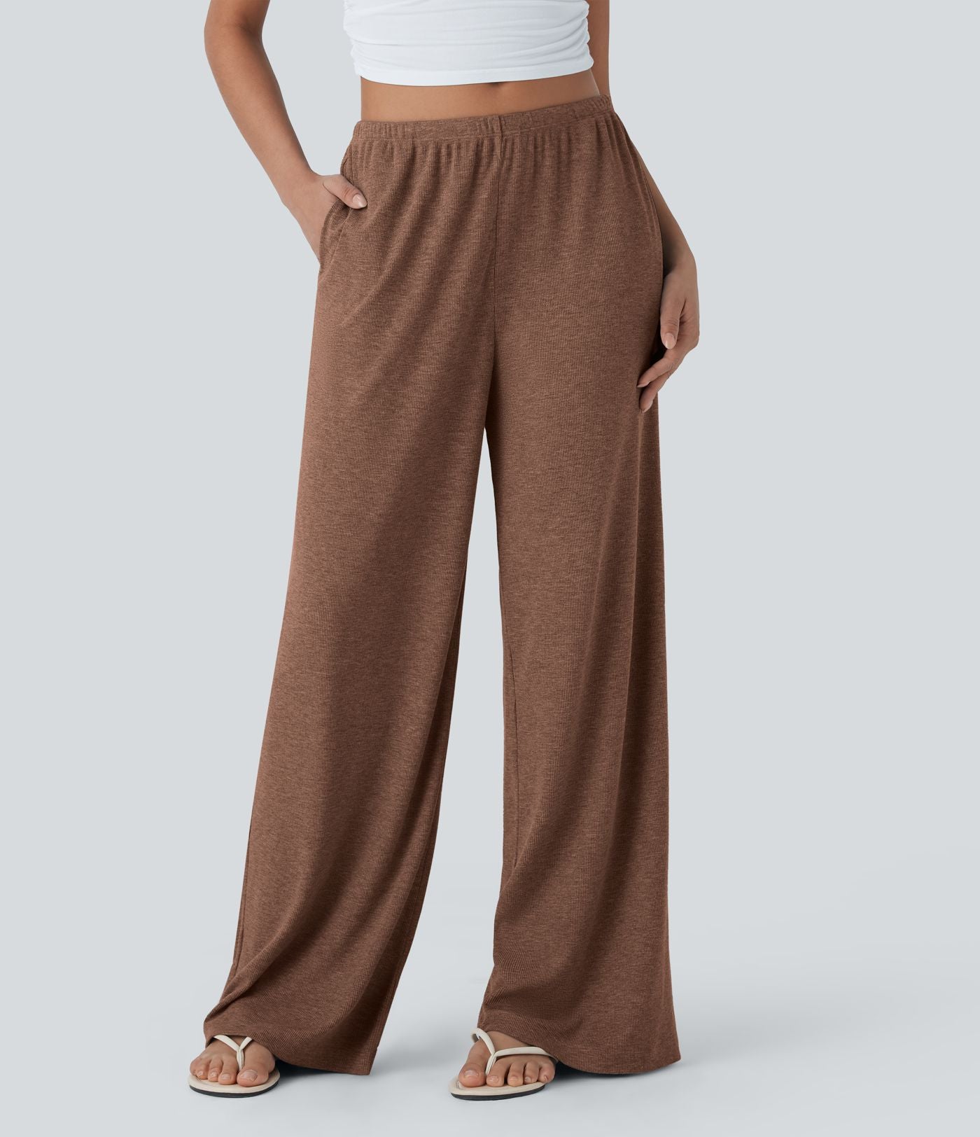 Pantalon fluide ample à taille basse avec cordon de serrage, côtes extensibles, doux pour la peau et poches latérales