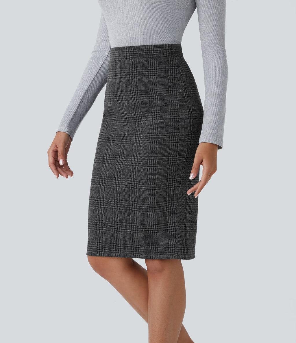 Jupe crayon de travail à taille haute, fente et motif pied-de-poule et carreaux