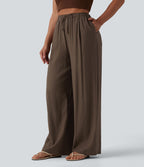 Pantalon casual ample taille haute aspect lin à cordon de serrage avec poches