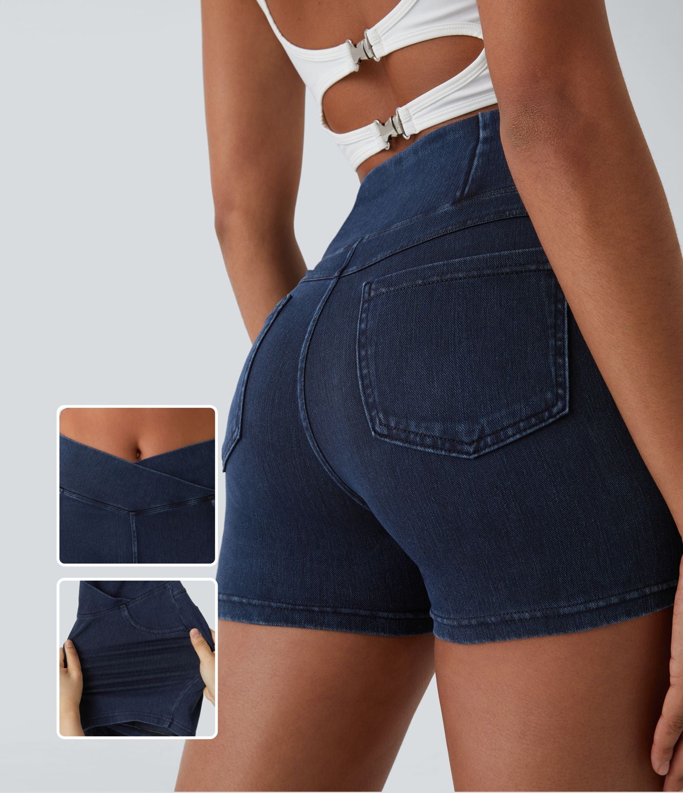 Halara Flex™  Shorts 7,5cm Denim Casual Taille Haute Poches Latérales Croisées en Maille Extensible
