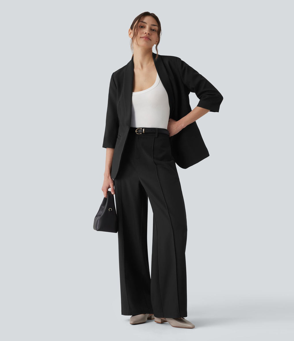 Pantalon tailleur droit taille haute aspect lin avec poches