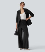Pantalon tailleur droit taille haute aspect lin avec poches