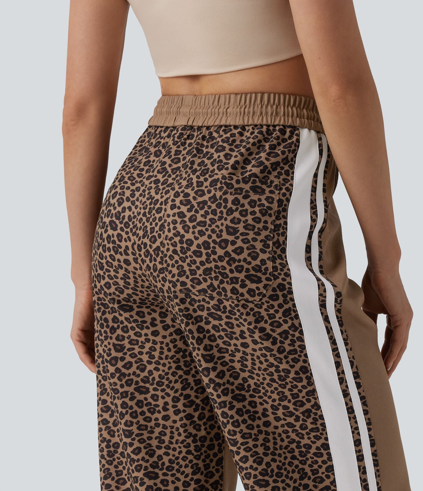 Pantalon ample décontracté taille mi-haute avec cordon de serrage color block rayures léopard contrastant avec poches