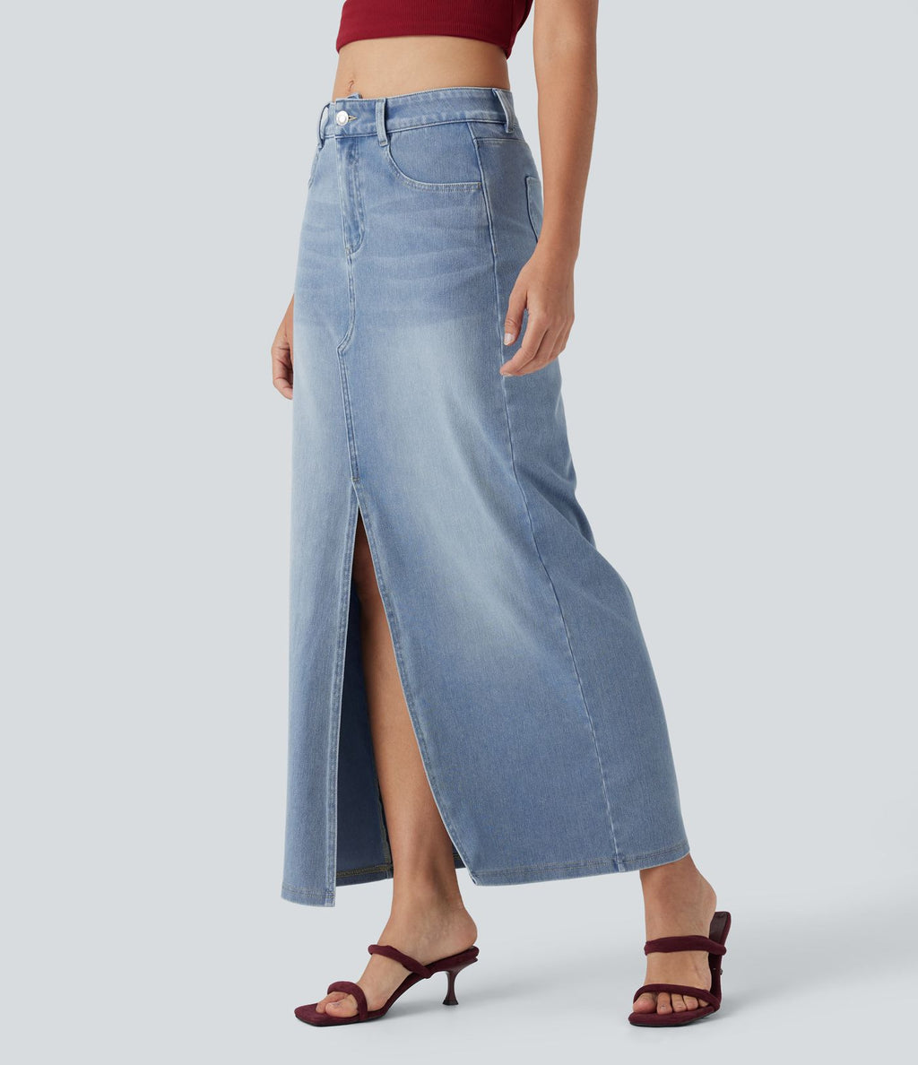 Halara Flex™ Jupe en Jean longue décontractée extensible délavé taille moyenne avec fente et multiples poches