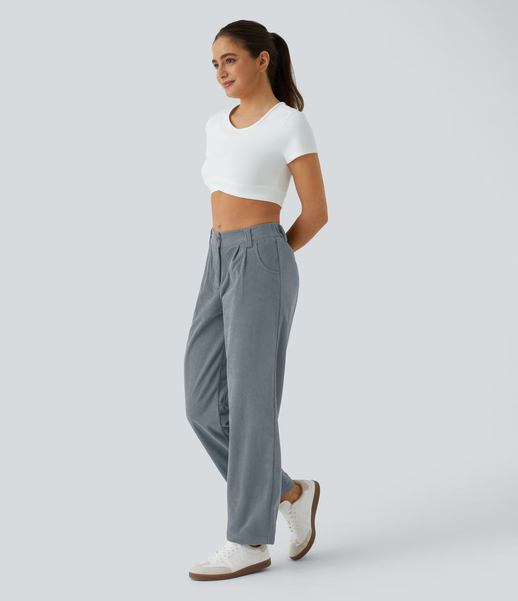 Pantalon en velours côtelé décontracté taille moyenne avec poches latérales