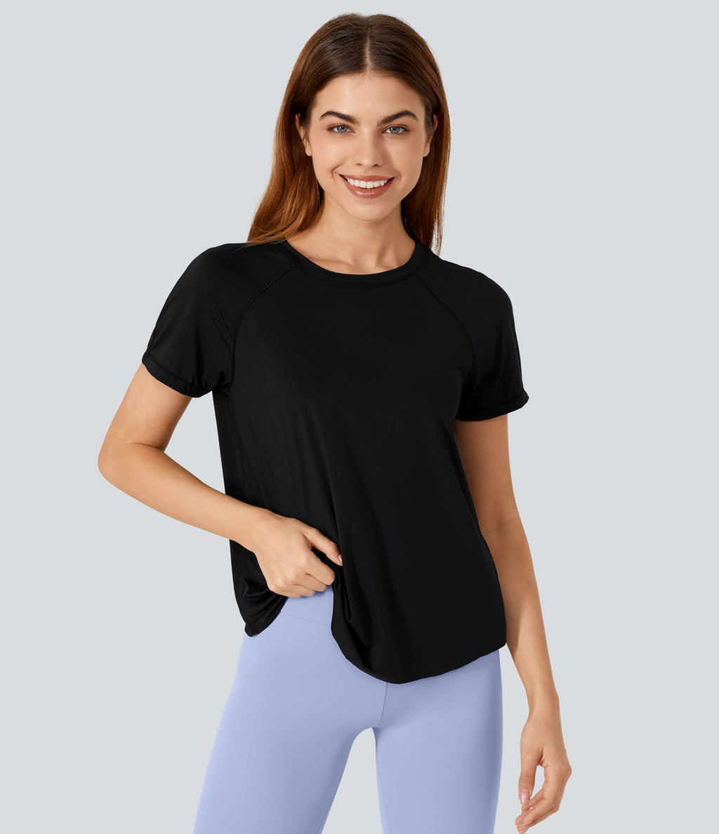 Haut de sport yoga à manches courtes avec ourlet fendu, effet frais InstantCool et mesh contrastant, protection solaire UPF50+
