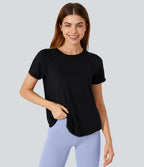 Haut de sport yoga à manches courtes avec ourlet fendu, effet frais InstantCool et mesh contrastant, protection solaire UPF50+