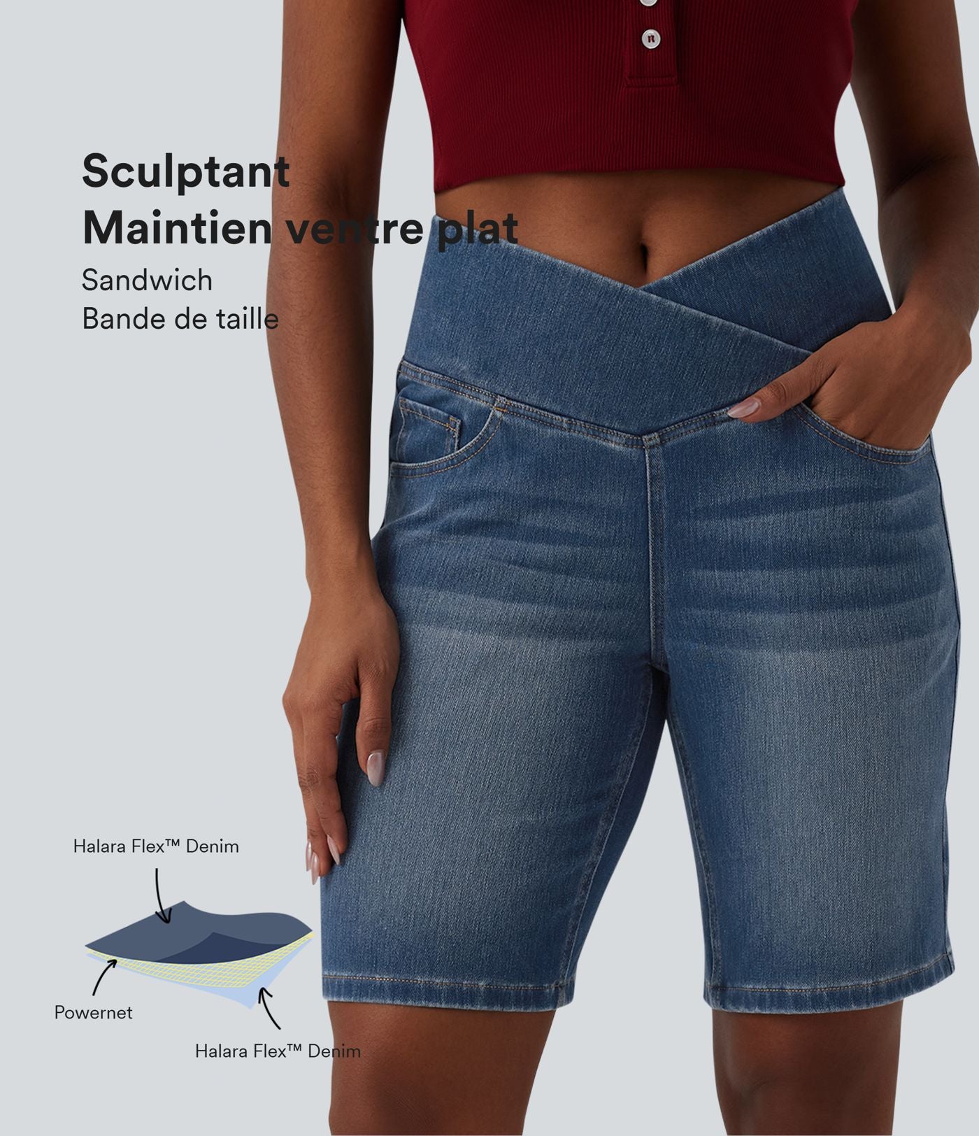 Short en jean Halara Flex™ casual gainant taille haute croisée avec poches