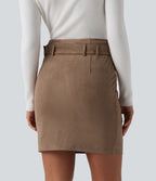 Jupe de travail mini moulante en daim taille haute avec ceinture et poches