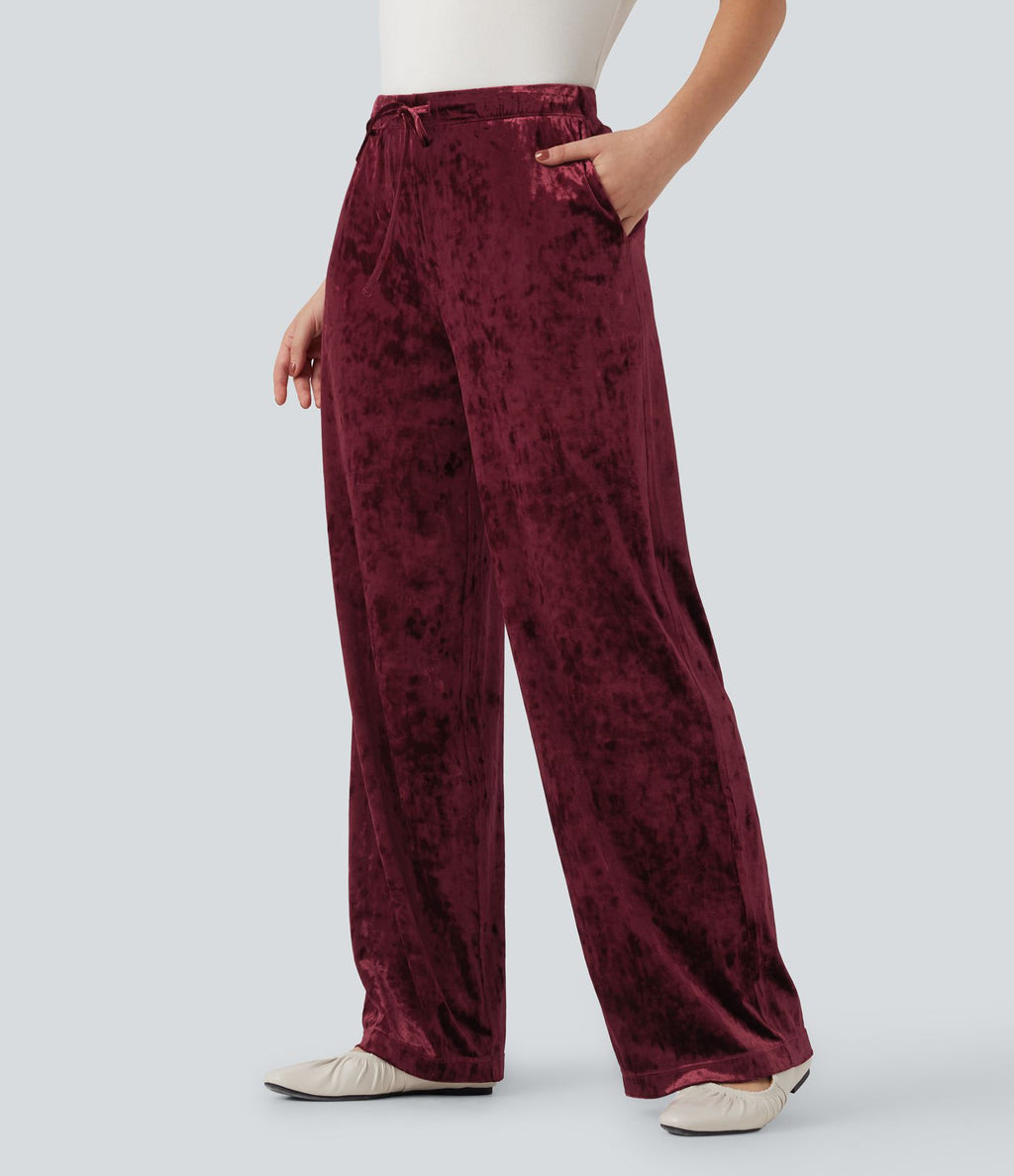 Pantalon large décontracté en velours taille haute avec cordon et poches