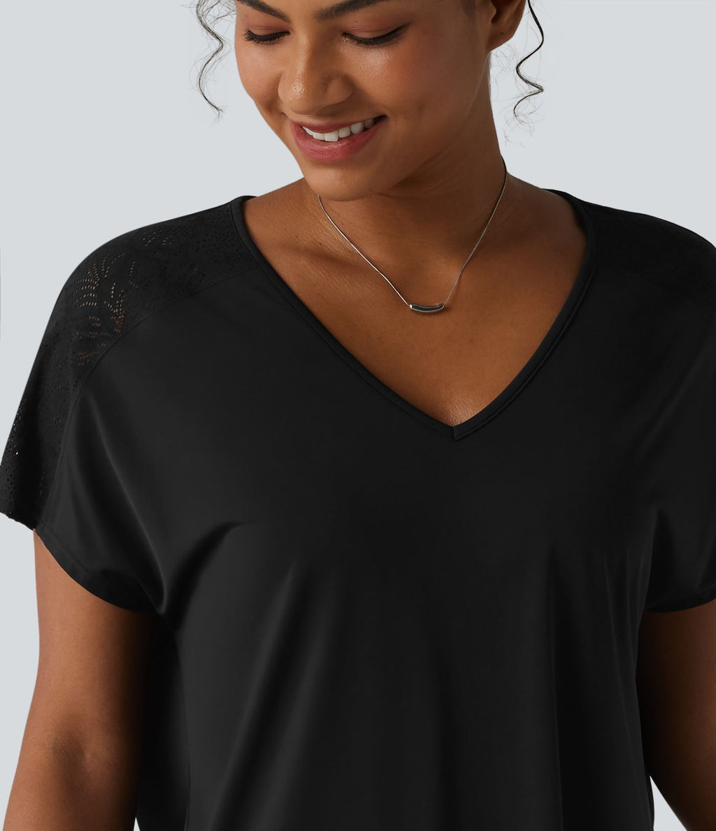 Haut décontracté col V manches chauve-souris courtes avec dentelle contrastée effet frais InstantCool séchage rapide, protection solaire UPF50+