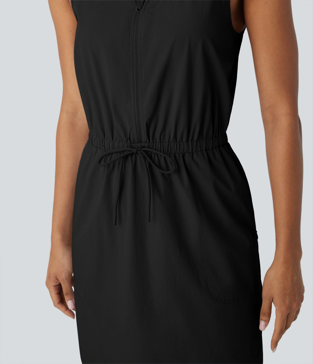 Robe courte de randonnée déperlante et résistante à l'usure, col en U sans manches avec demi-fermeture éclair, cordon de serrage, poches latérales et ourlet arrondi