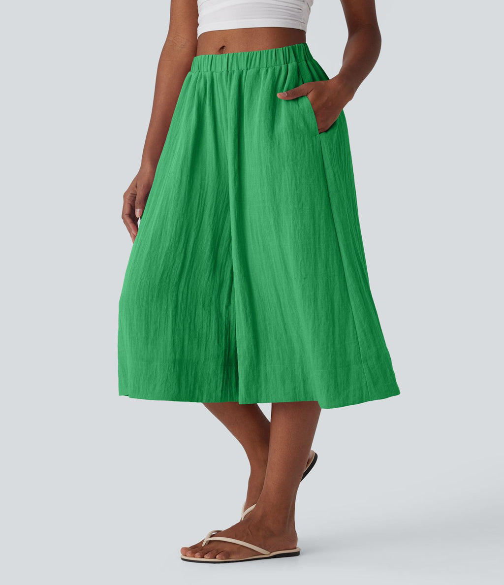 Pantalon fluide large taille mi-haute effet lin avec poche