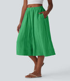 Pantalon fluide large taille mi-haute effet lin avec poche