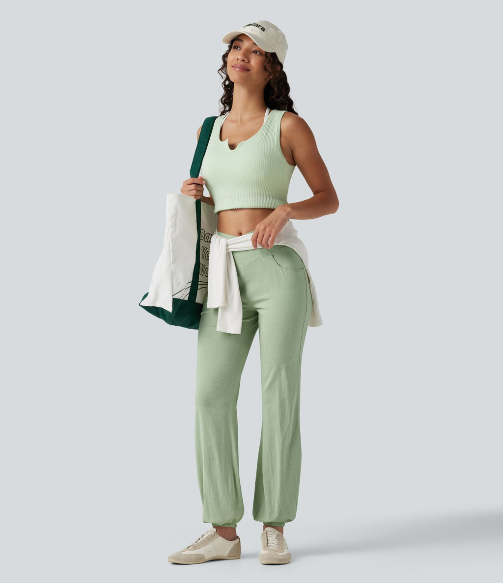 Jogging bouffant casual en lin extensible à taille haute croisée avec poches