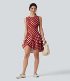 Robe mini casual à pois col rond sans manches ourlet à volants superposés